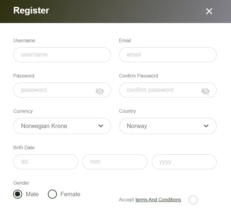 Registrer konto Thor Casino