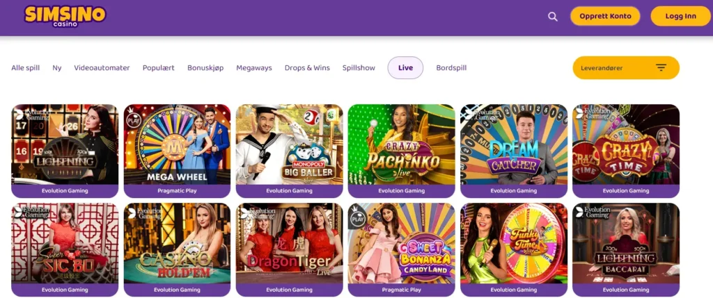 live spill lobby simsino