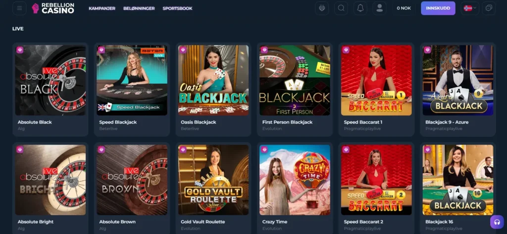 Rebellion Casino live casino utvalg