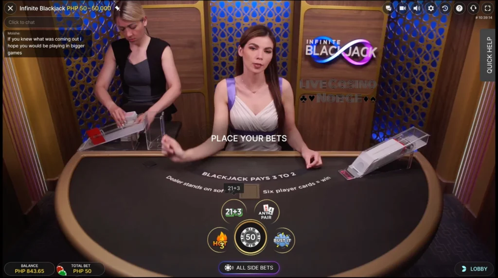 Infinite Blackjack av Evolution Gaming (Plasser dine innsatser)