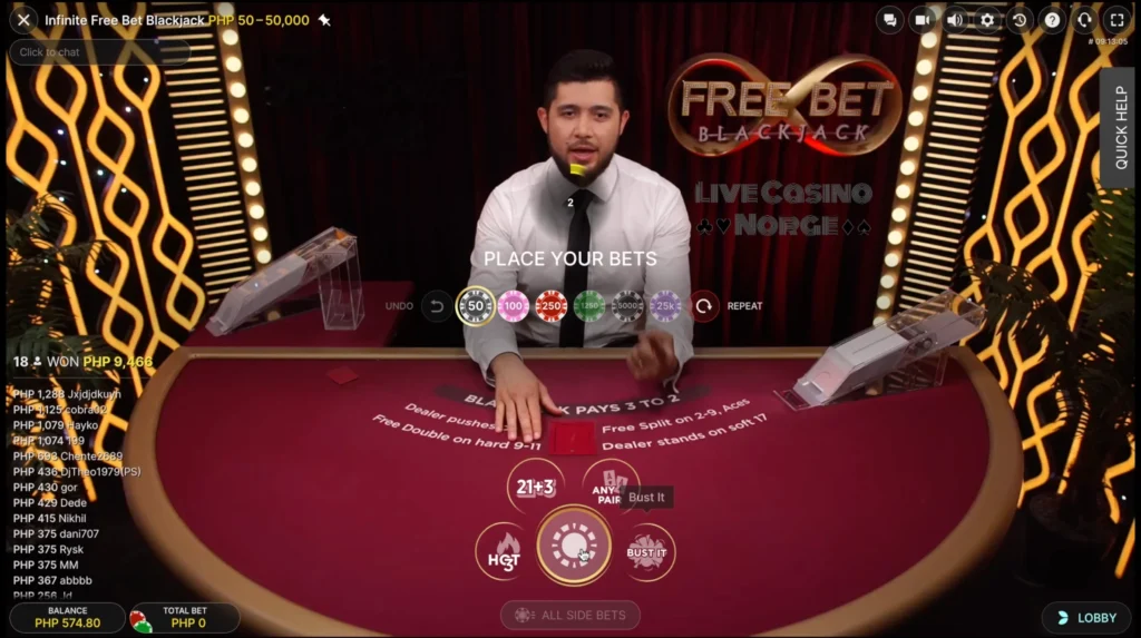 Infinite Free Bet Blackjack by Evolution Gaming (Plasser innsatsen din)