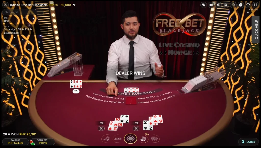 Infinite Free Bet Blackjack by Evolution Gaming (Utfall av spillet)