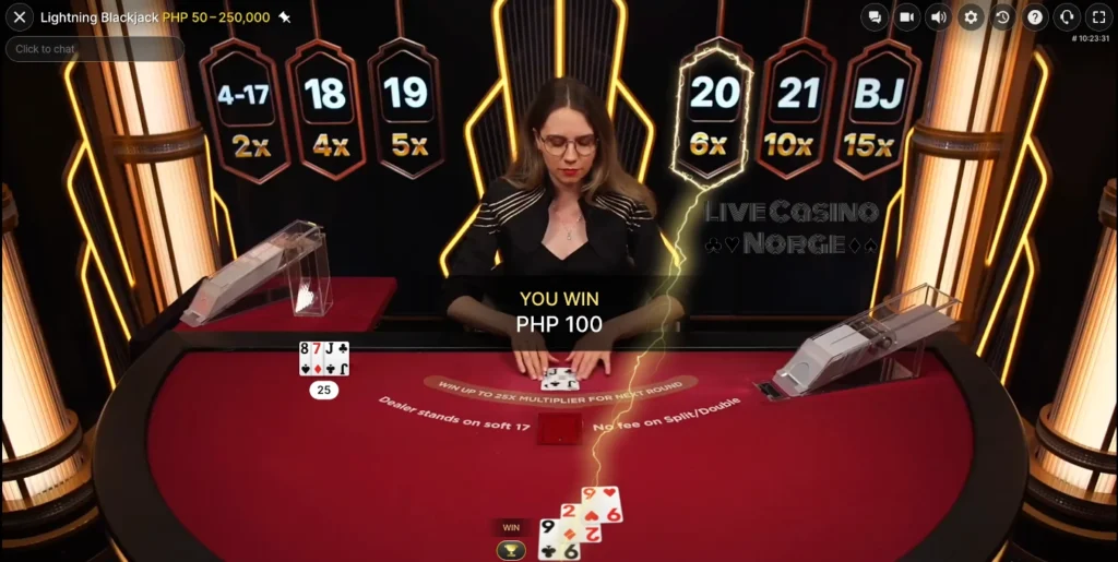 Lightning Blackjack Live av Evolution Gaming (Spillets utfall)