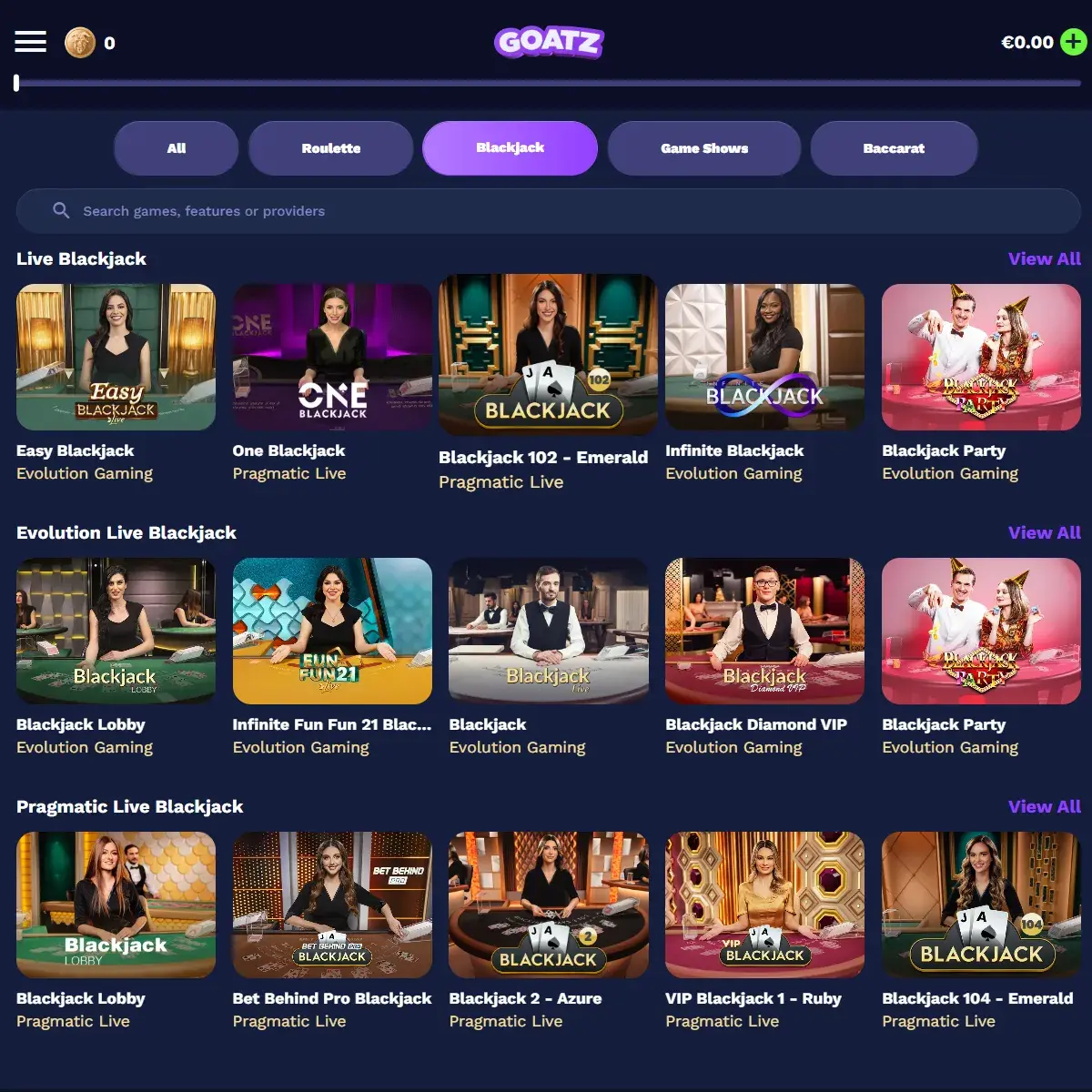 Goatz Casino - Live Blackjack Lobby