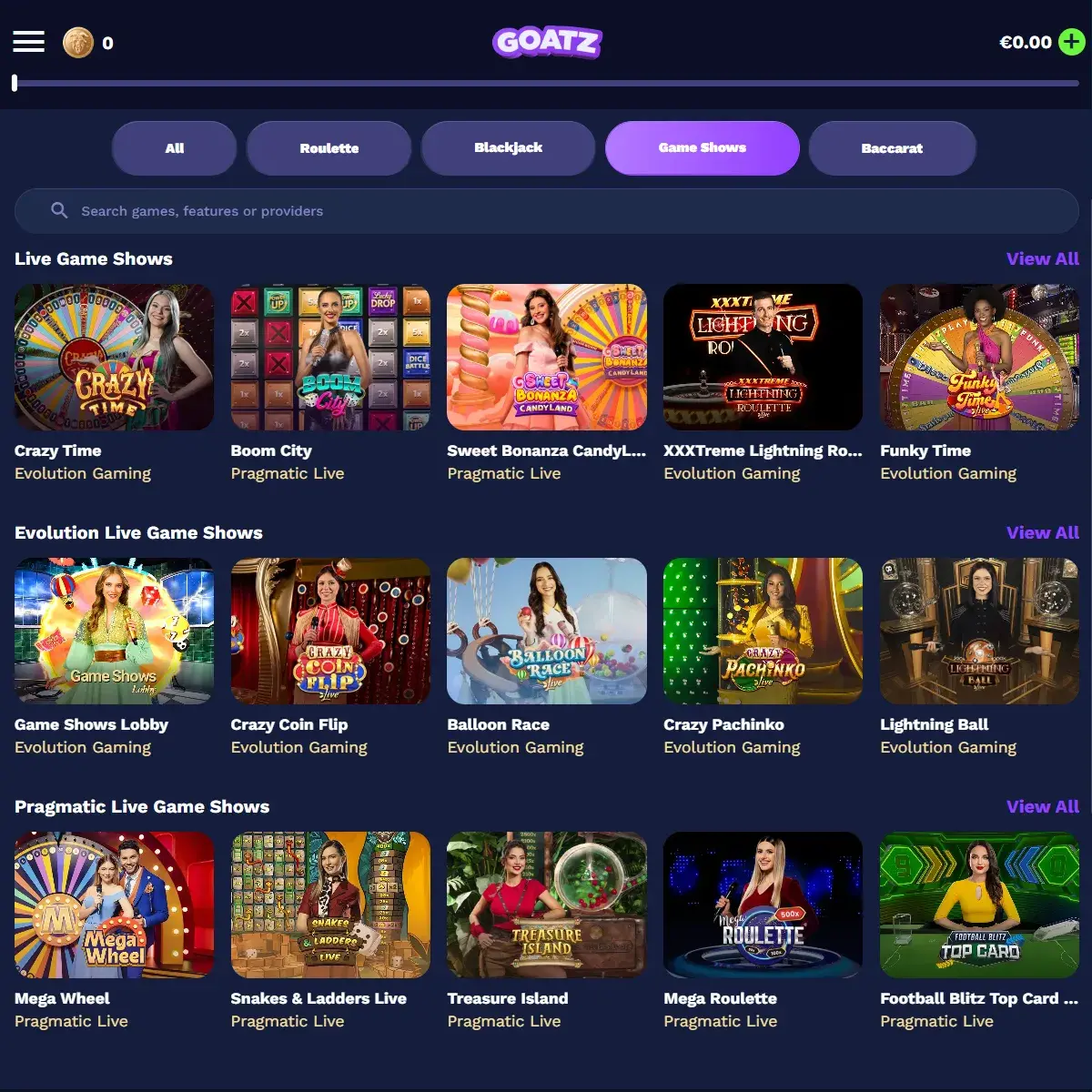 Goatz Casino - Live Game Shows Lobby
