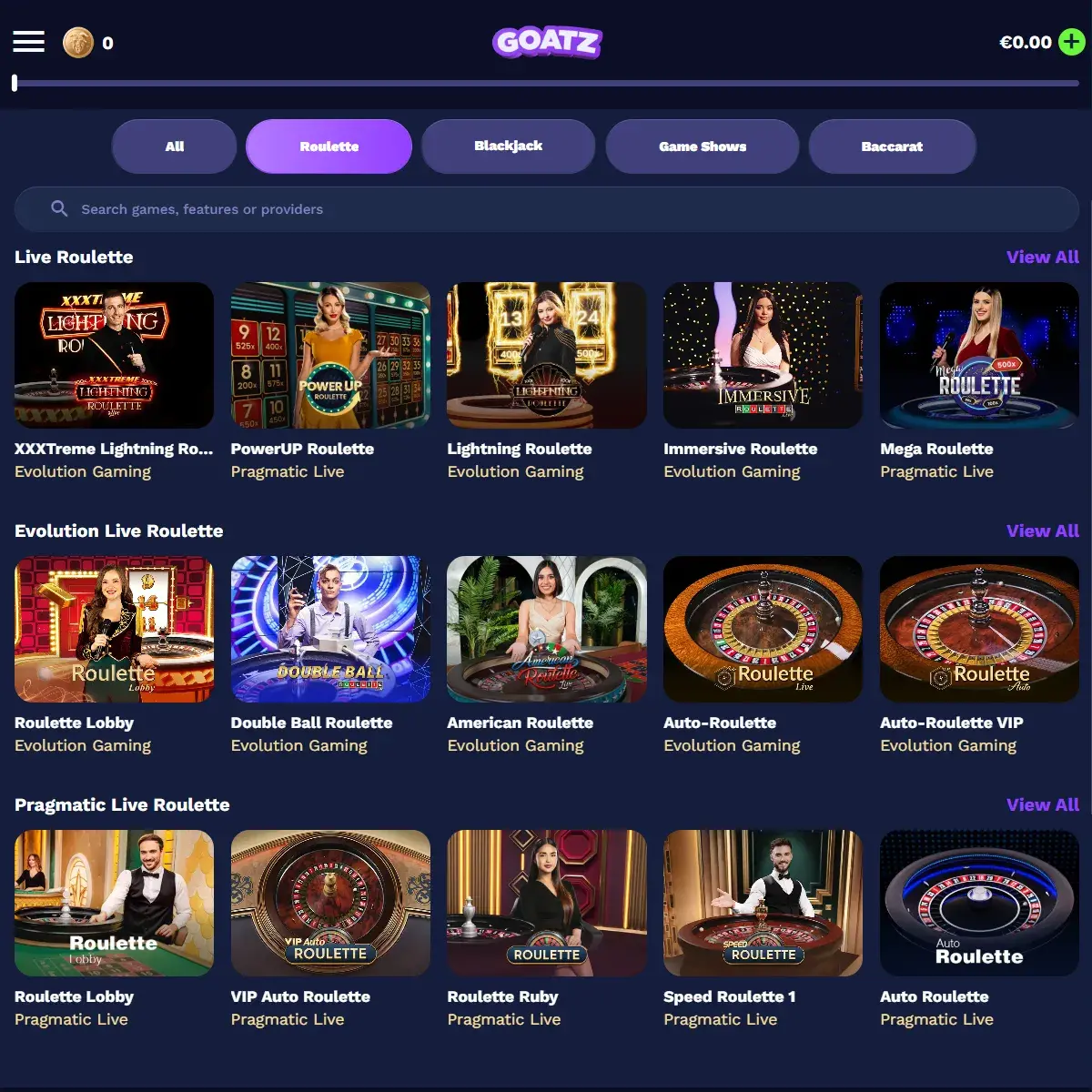 Goatz Casino - Live Roulette Lobby